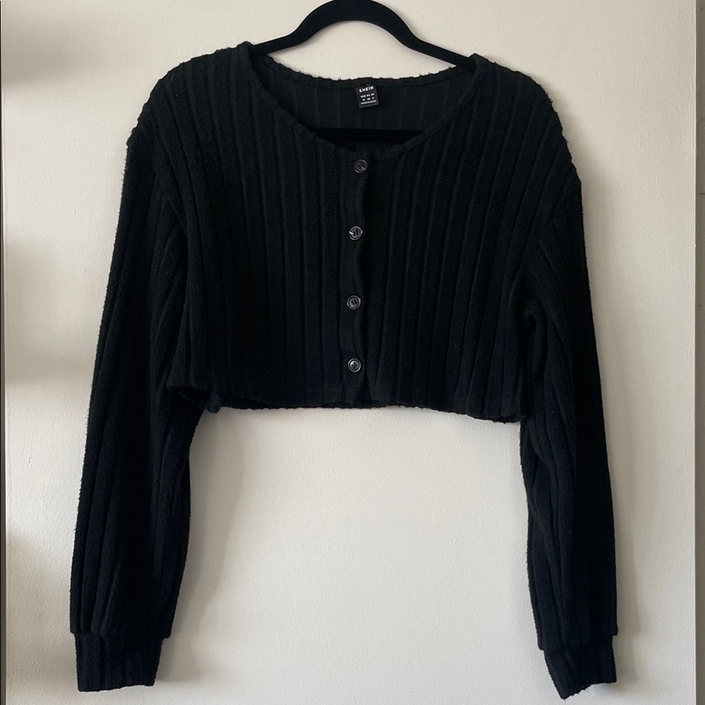 SHEIN|Black Ribbed Soft Button-Up Crop Cardigan|Medium|EUC